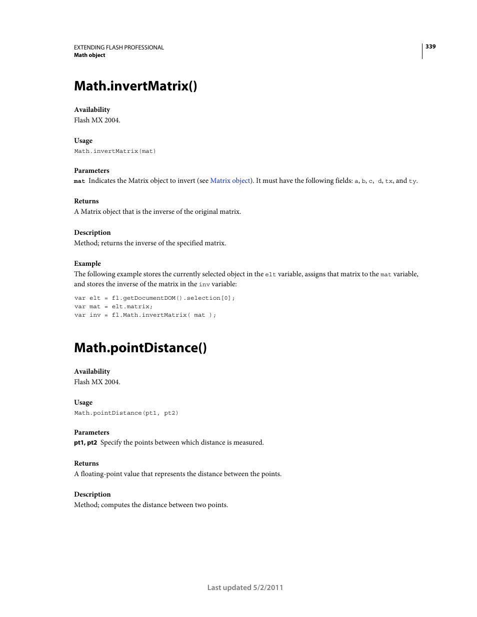 Math.invertmatrix(), Math.pointdistance() | Adobe Extending Flash Professional CS5 User Manual | Page 361 / 565