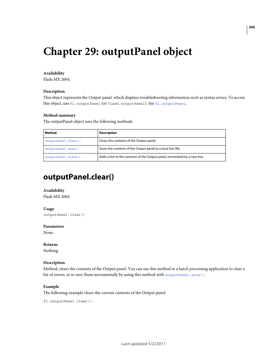 Chapter 29: outputpanel object, Outputpanel.clear(), Outputpanel object | Read-only property; reference to the | Adobe Extending Flash Professional CS5 User Manual | Page 367 / 565