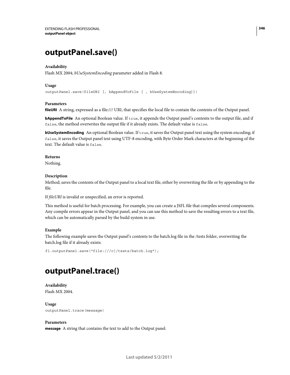 Outputpanel.save(), Outputpanel.trace() | Adobe Extending Flash Professional CS5 User Manual | Page 368 / 565