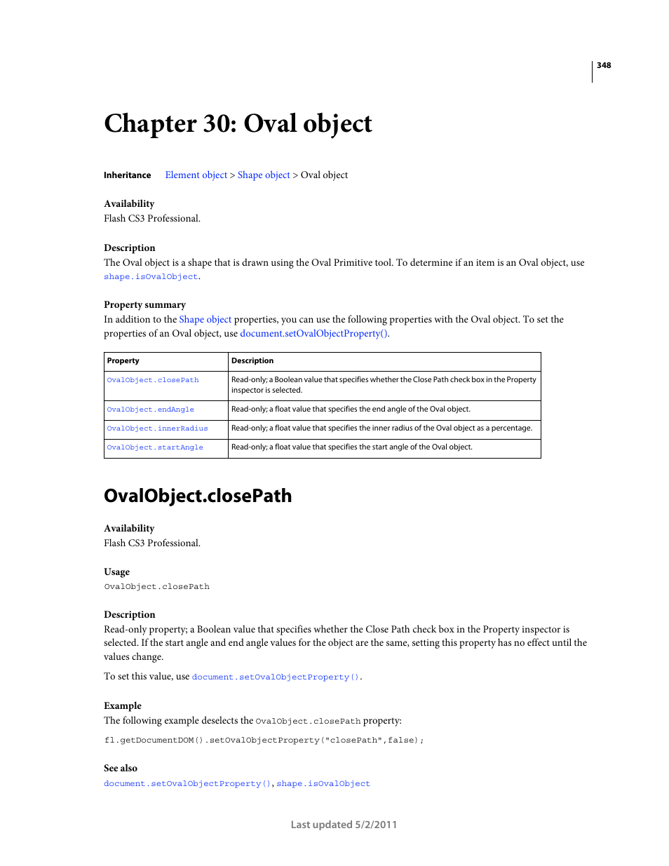 Chapter 30: oval object, Ovalobject.closepath, Oval object | For examples | Adobe Extending Flash Professional CS5 User Manual | Page 370 / 565