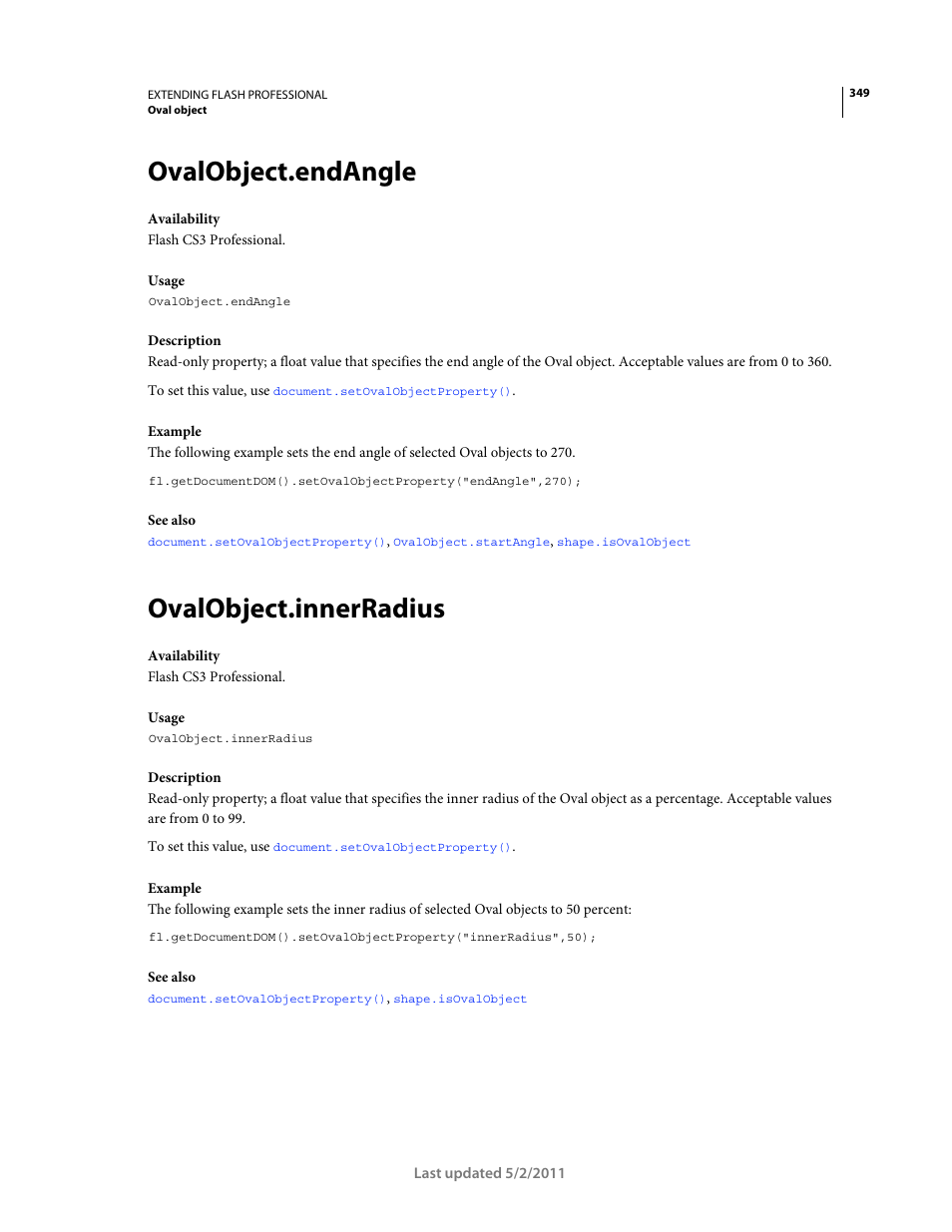 Ovalobject.endangle, Ovalobject.innerradius | Adobe Extending Flash Professional CS5 User Manual | Page 371 / 565