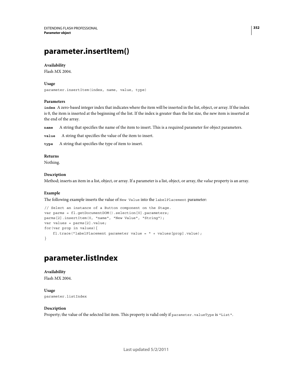 Parameter.insertitem(), Parameter.listindex | Adobe Extending Flash Professional CS5 User Manual | Page 374 / 565