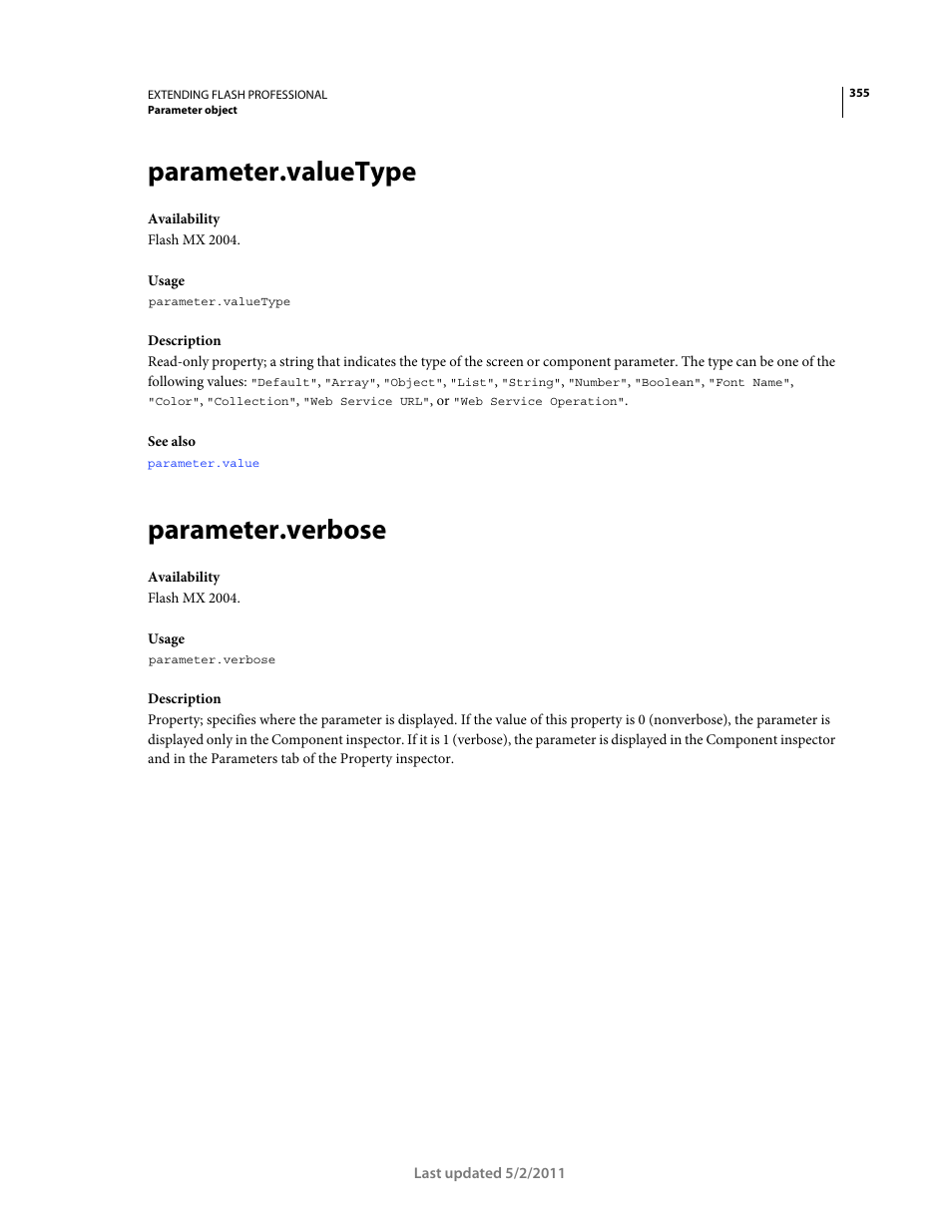 Parameter.valuetype, Parameter.verbose | Adobe Extending Flash Professional CS5 User Manual | Page 377 / 565