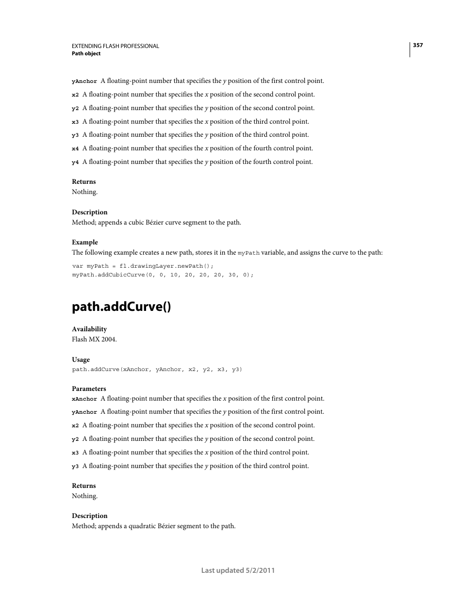 Path.addcurve() | Adobe Extending Flash Professional CS5 User Manual | Page 379 / 565