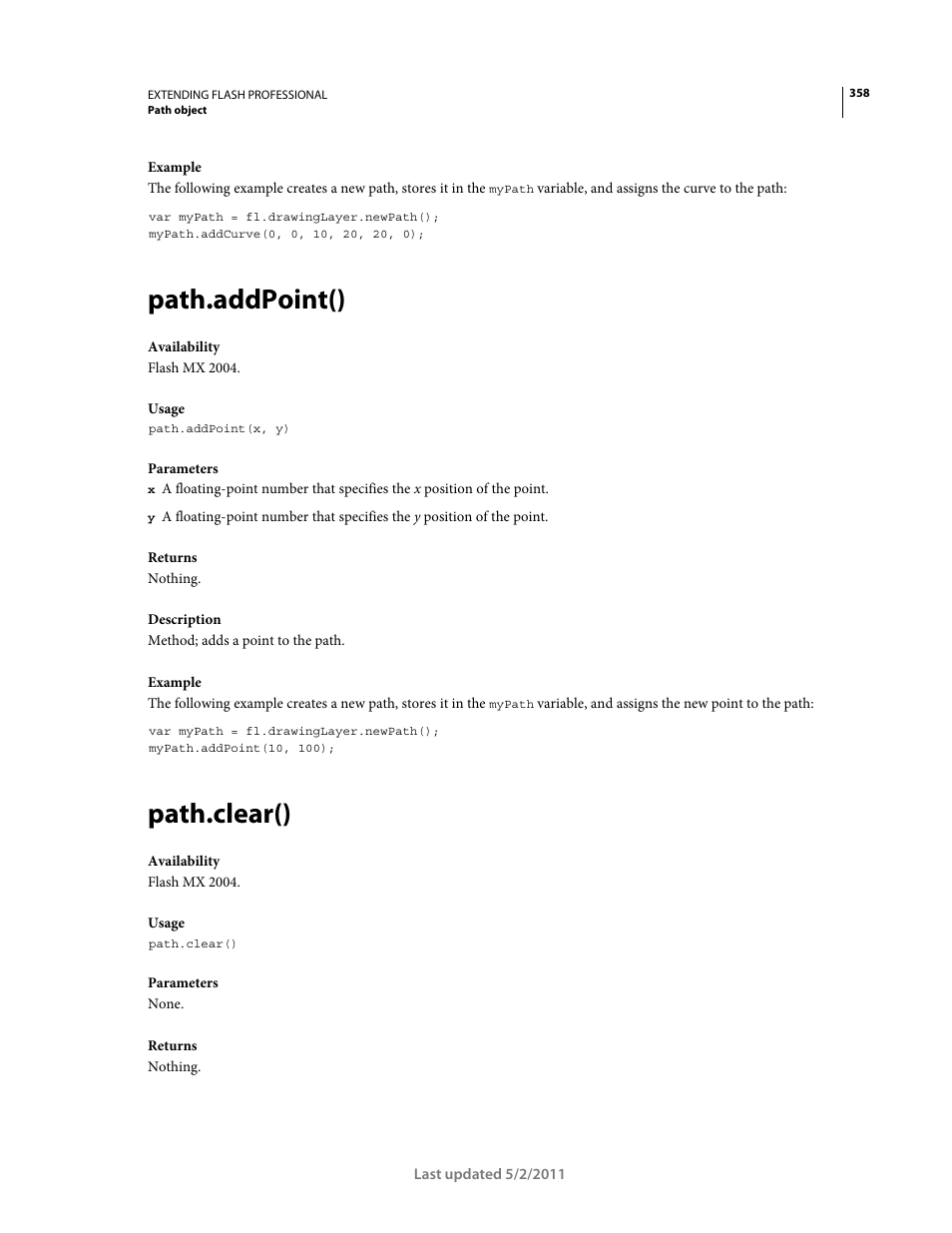 Path.addpoint(), Path.clear() | Adobe Extending Flash Professional CS5 User Manual | Page 380 / 565