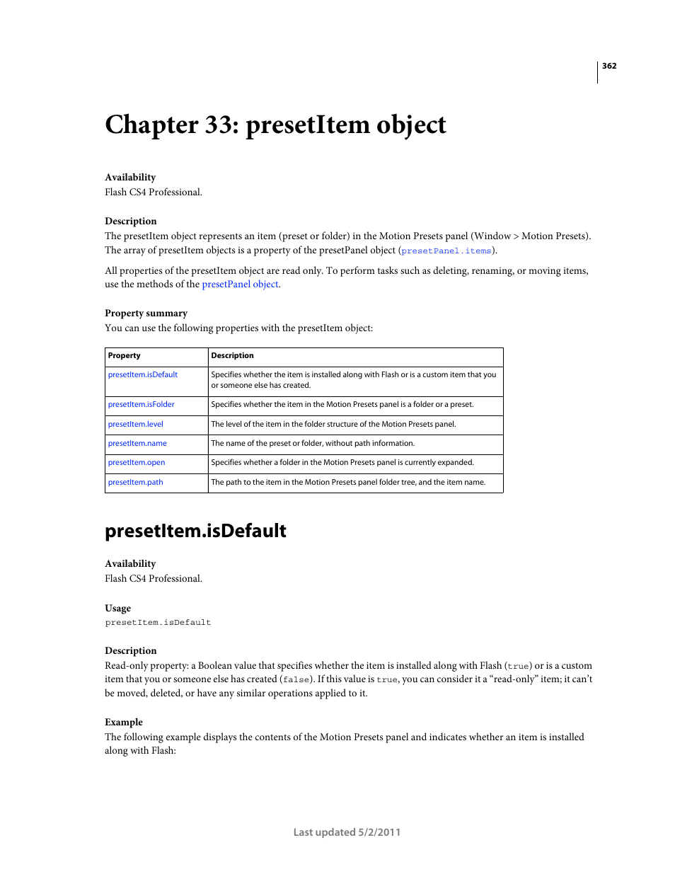 Chapter 33: presetitem object, Presetitem.isdefault | Adobe Extending Flash Professional CS5 User Manual | Page 384 / 565