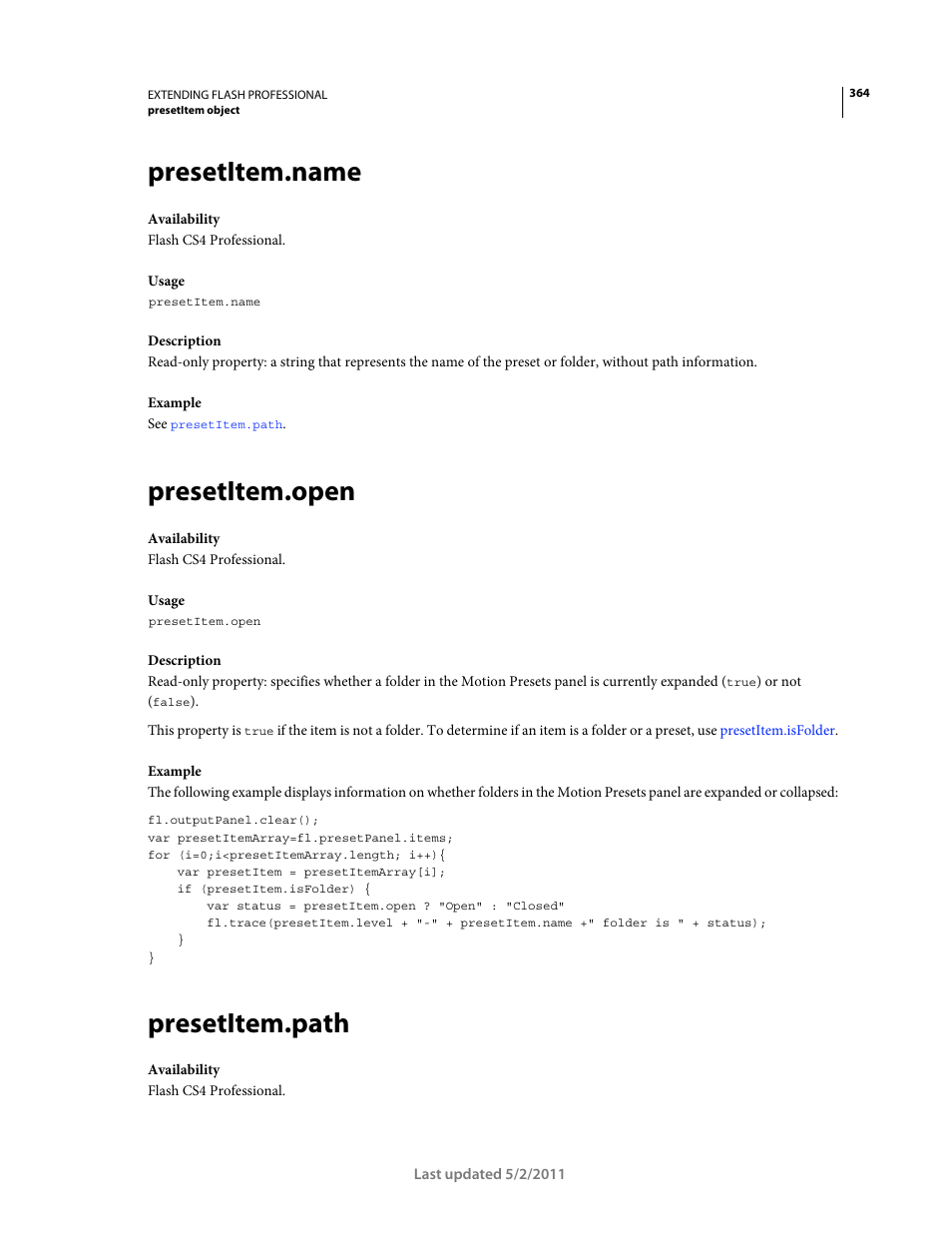 Presetitem.name, Presetitem.open, Presetitem.path | Adobe Extending Flash Professional CS5 User Manual | Page 386 / 565