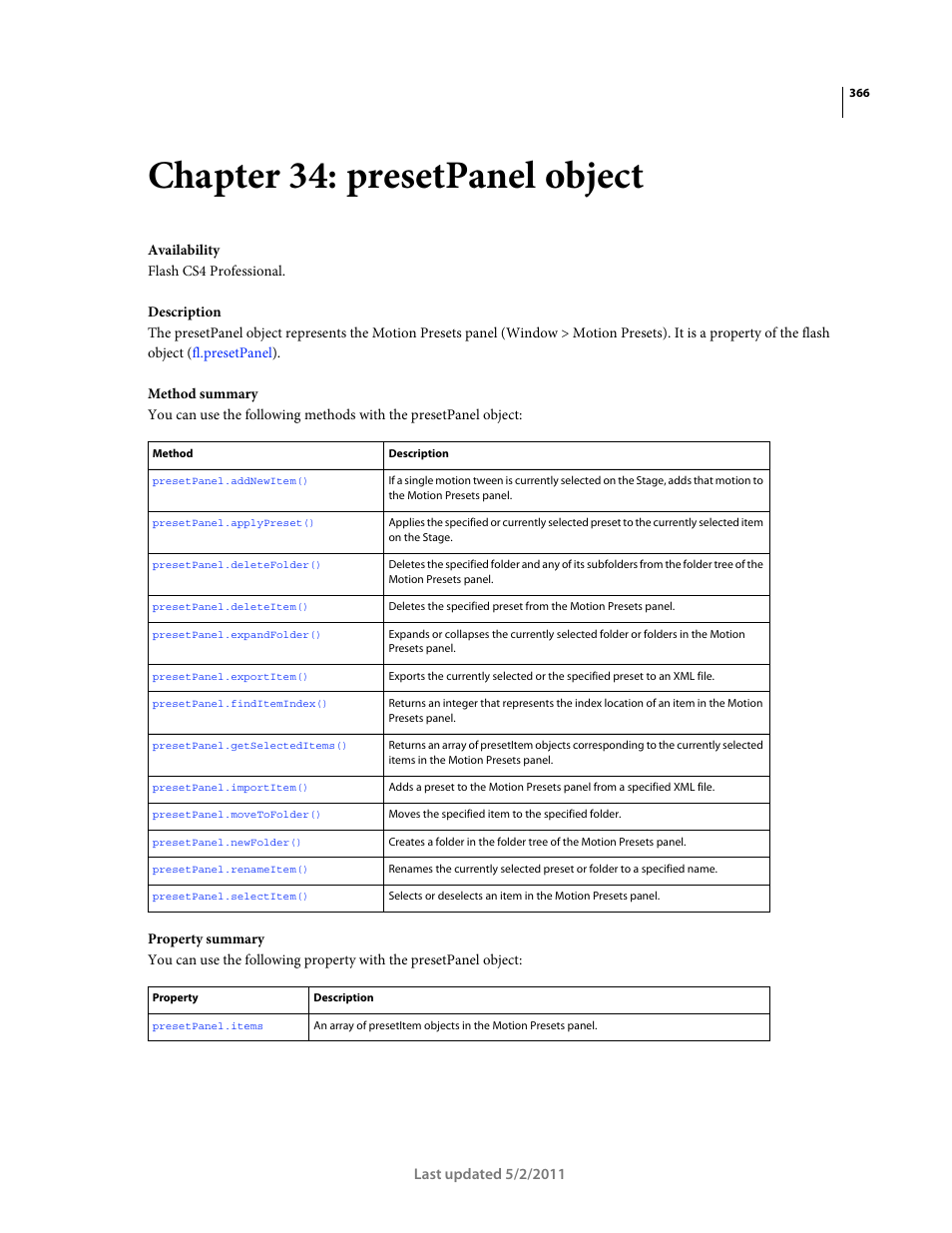 Chapter 34: presetpanel object, Presetpanel object, Use the methods of the | Adobe Extending Flash Professional CS5 User Manual | Page 388 / 565