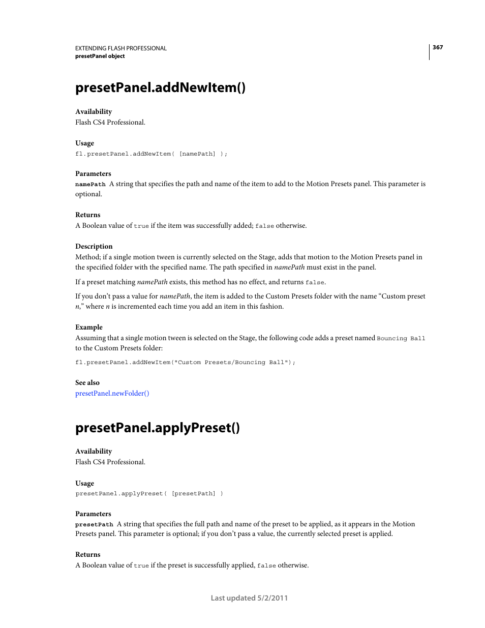 Presetpanel.addnewitem(), Presetpanel.applypreset() | Adobe Extending Flash Professional CS5 User Manual | Page 389 / 565