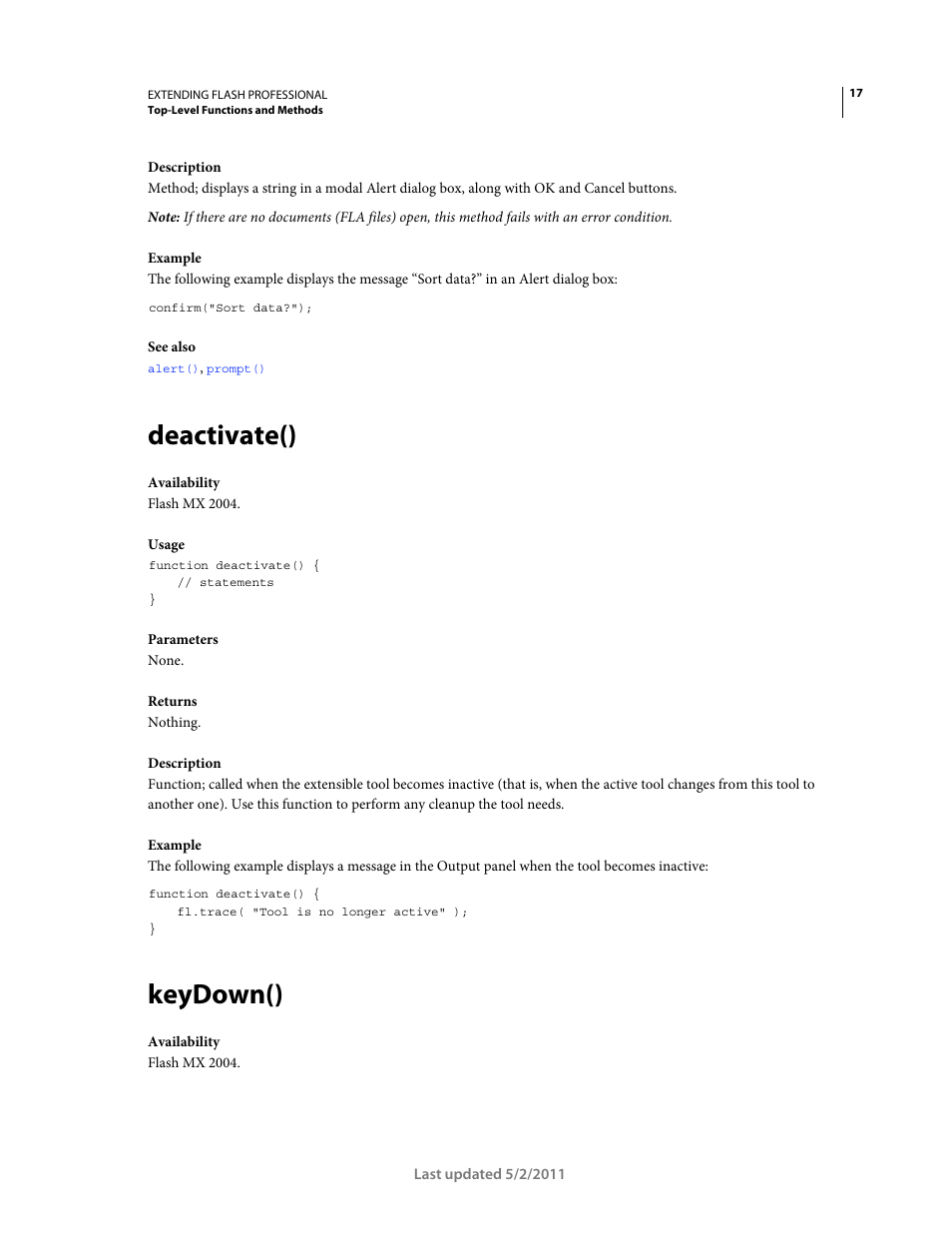 Deactivate(), Keydown() | Adobe Extending Flash Professional CS5 User Manual | Page 39 / 565