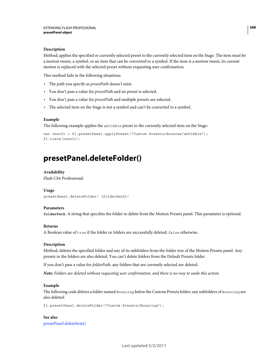 Presetpanel.deletefolder() | Adobe Extending Flash Professional CS5 User Manual | Page 390 / 565