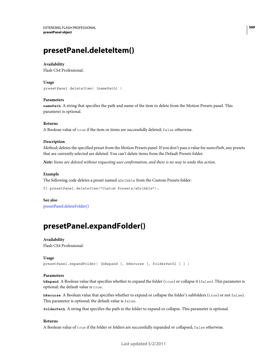 Presetpanel.deleteitem(), Presetpanel.expandfolder() | Adobe Extending Flash Professional CS5 User Manual | Page 391 / 565