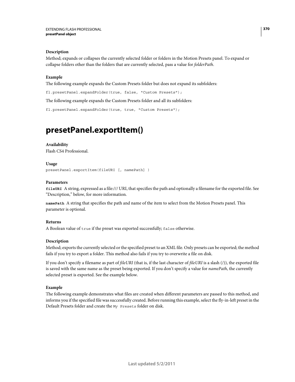 Presetpanel.exportitem() | Adobe Extending Flash Professional CS5 User Manual | Page 392 / 565