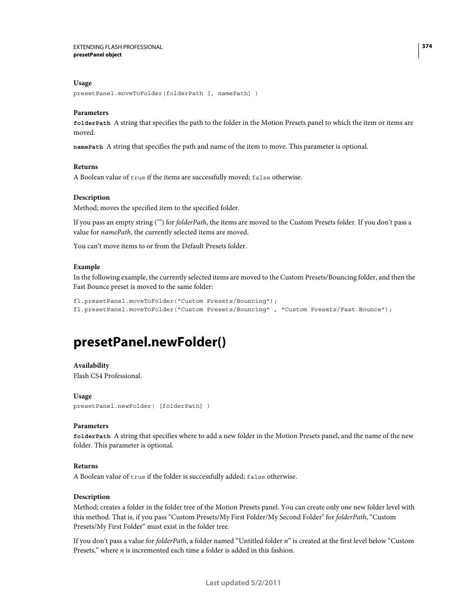 Presetpanel.newfolder() | Adobe Extending Flash Professional CS5 User Manual | Page 396 / 565