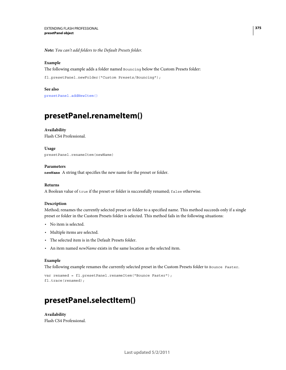 Presetpanel.renameitem(), Presetpanel.selectitem() | Adobe Extending Flash Professional CS5 User Manual | Page 397 / 565