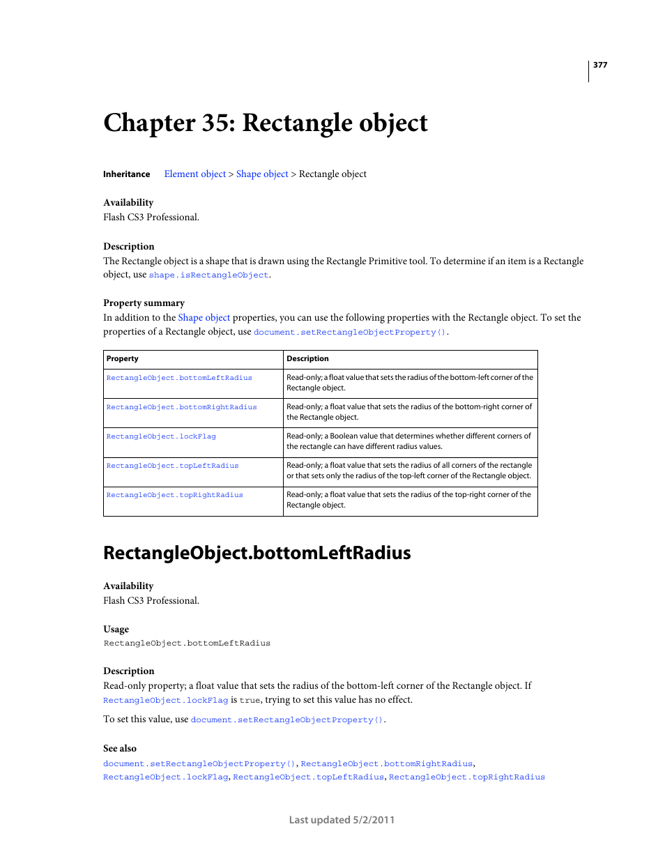 Chapter 35: rectangle object, Rectangleobject.bottomleftradius, Rectangle object | For examples | Adobe Extending Flash Professional CS5 User Manual | Page 399 / 565