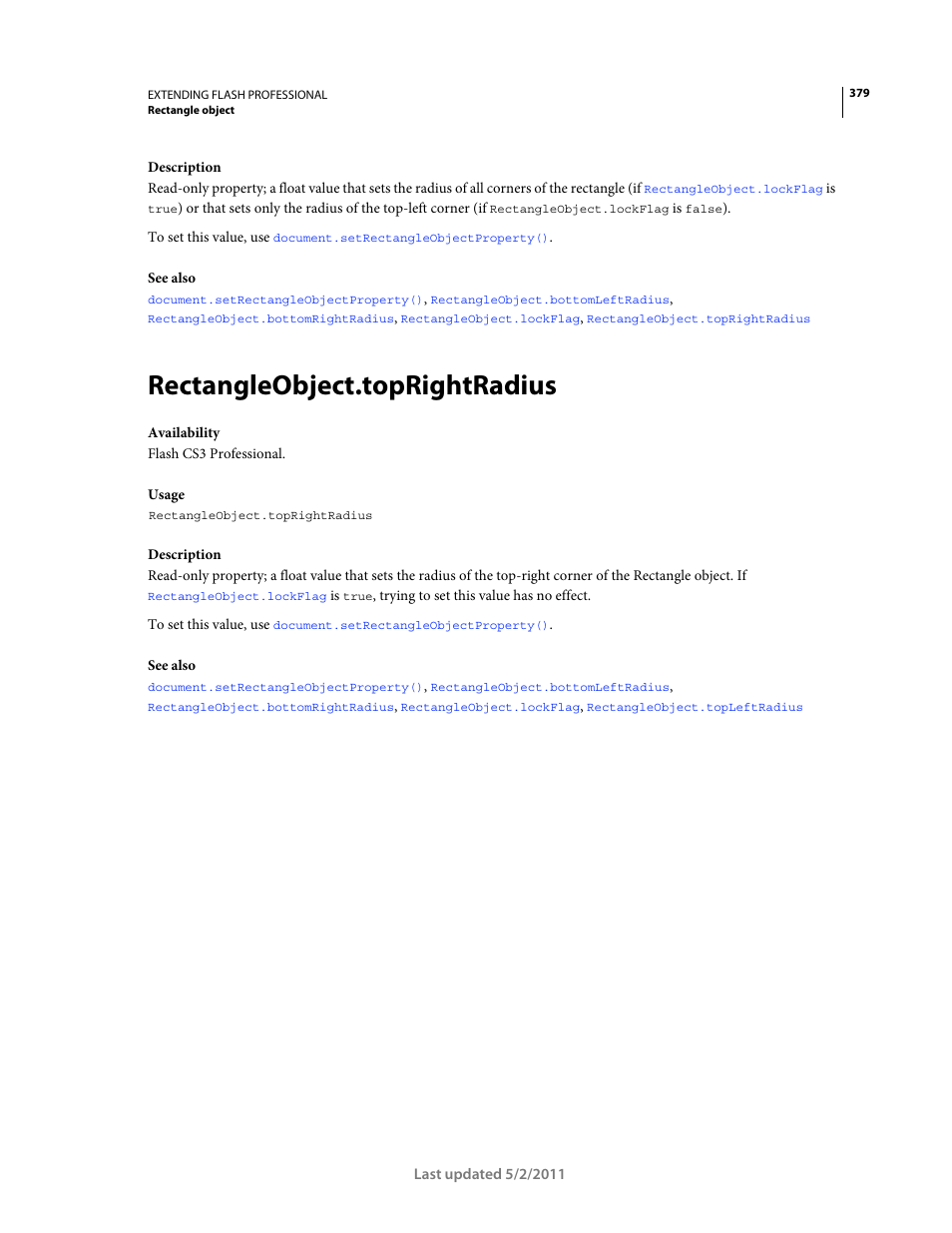 Rectangleobject.toprightradius | Adobe Extending Flash Professional CS5 User Manual | Page 401 / 565
