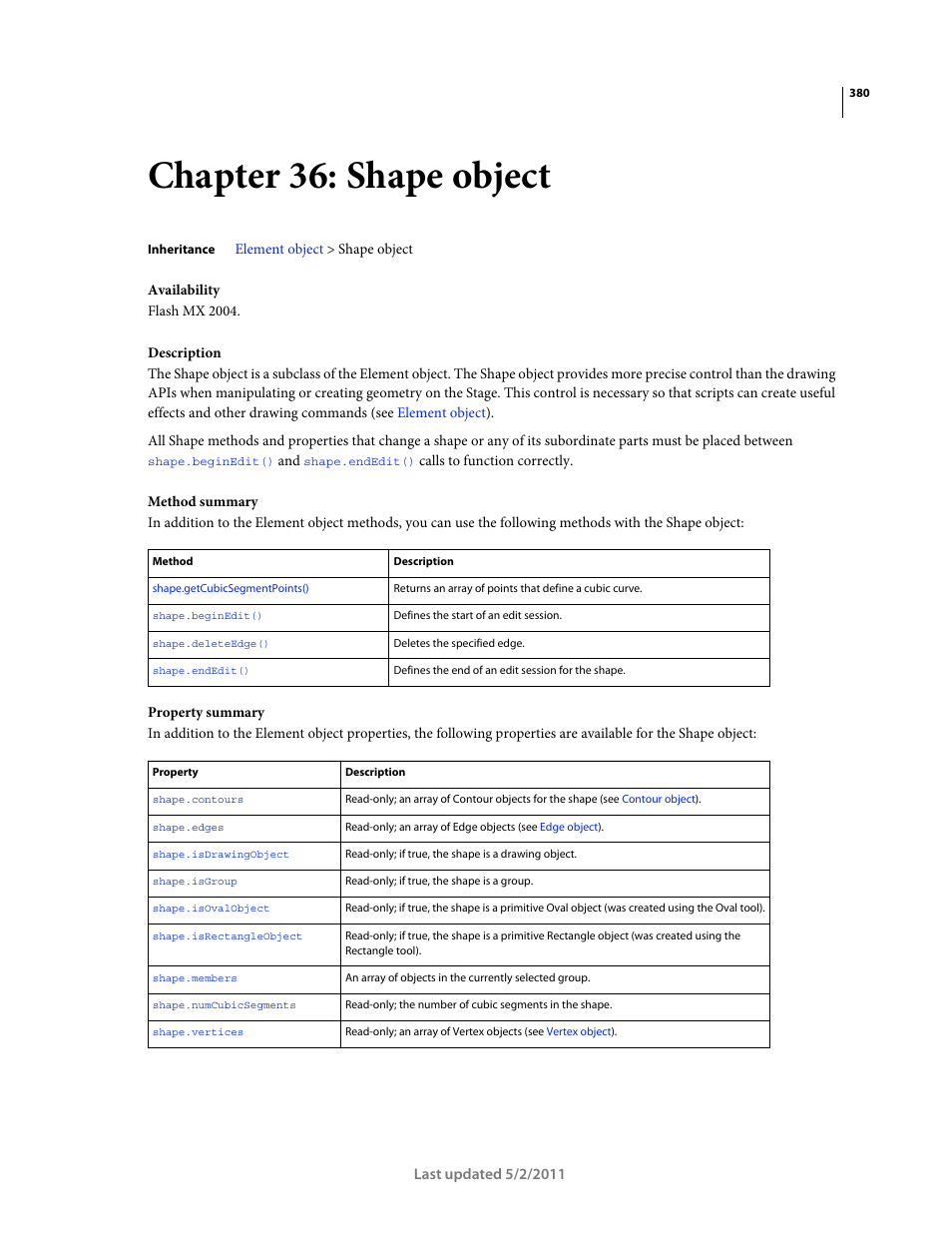 Chapter 36: shape object, Shape object | Adobe Extending Flash Professional CS5 User Manual | Page 402 / 565