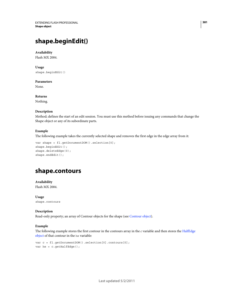 Shape.beginedit(), Shape.contours | Adobe Extending Flash Professional CS5 User Manual | Page 403 / 565