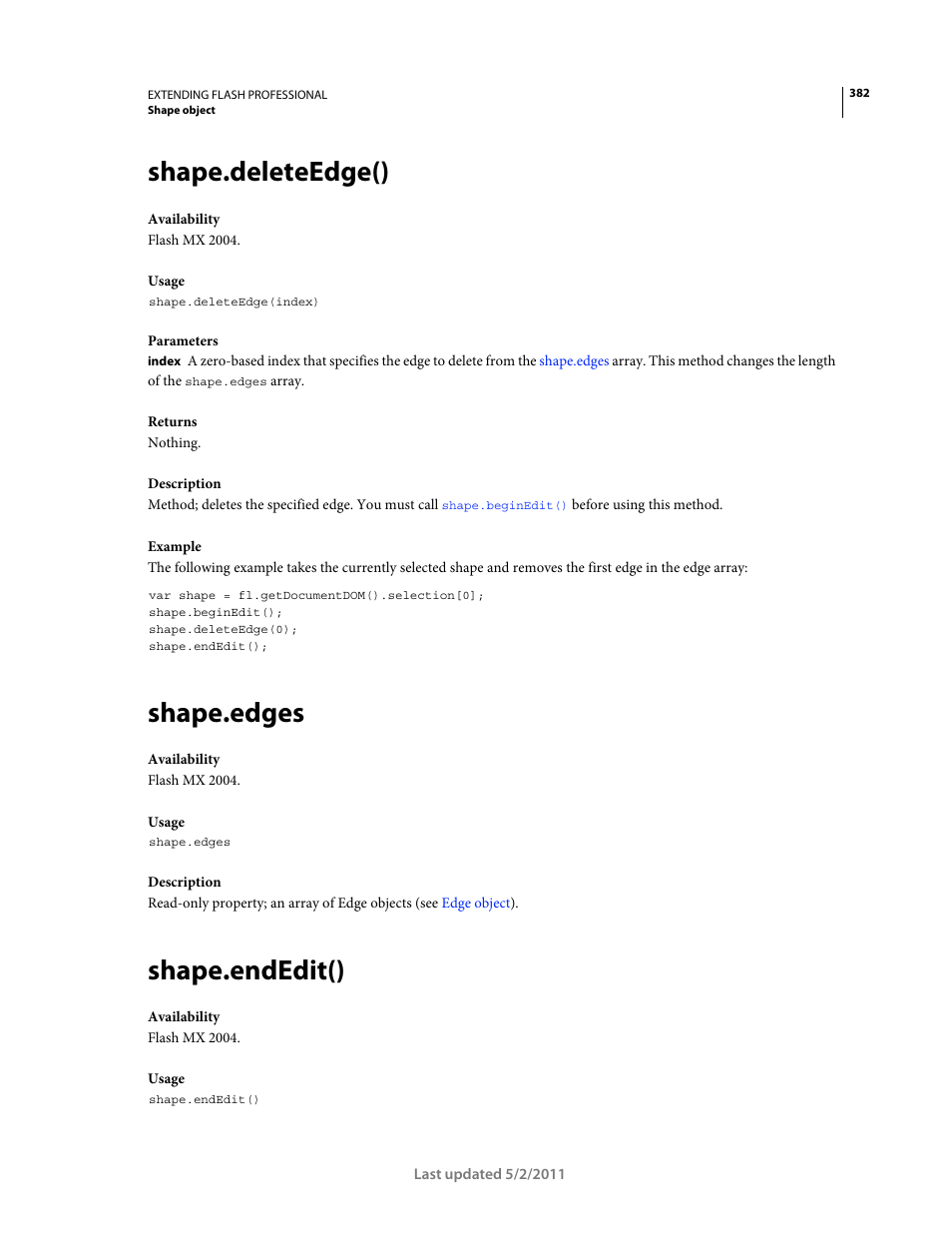 Shape.deleteedge(), Shape.edges, Shape.endedit() | Adobe Extending Flash Professional CS5 User Manual | Page 404 / 565