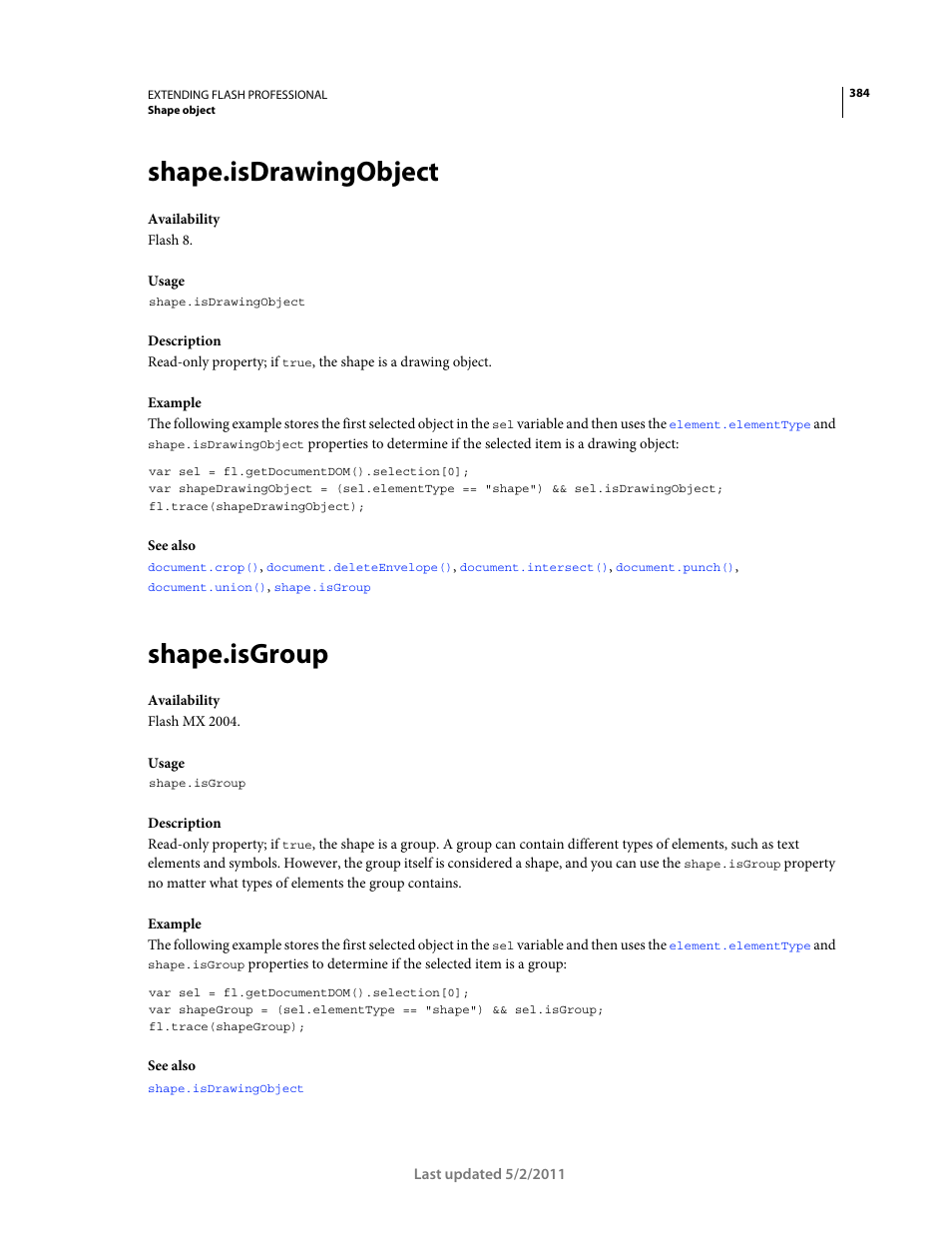 Shape.isdrawingobject, Shape.isgroup | Adobe Extending Flash Professional CS5 User Manual | Page 406 / 565