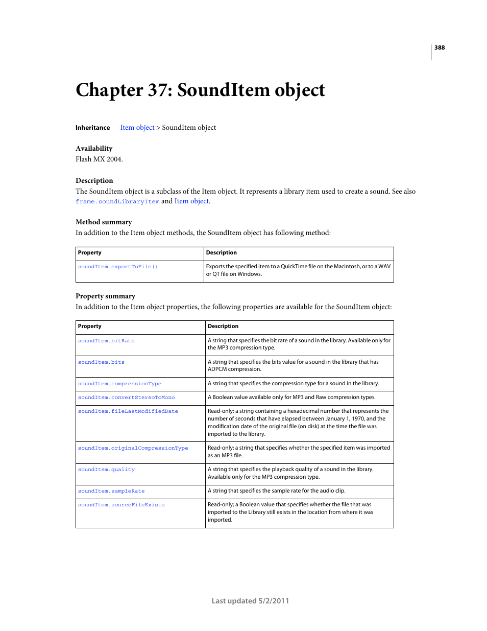 Chapter 37: sounditem object, A library item (see, Sounditem object | Used to create a sound, Property; a library item (see | Adobe Extending Flash Professional CS5 User Manual | Page 410 / 565