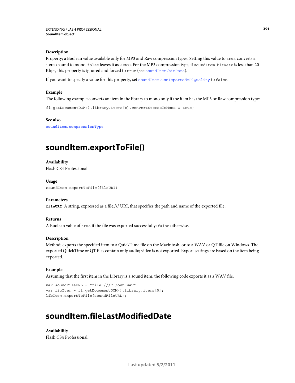 Sounditem.exporttofile(), Sounditem.filelastmodifieddate | Adobe Extending Flash Professional CS5 User Manual | Page 413 / 565