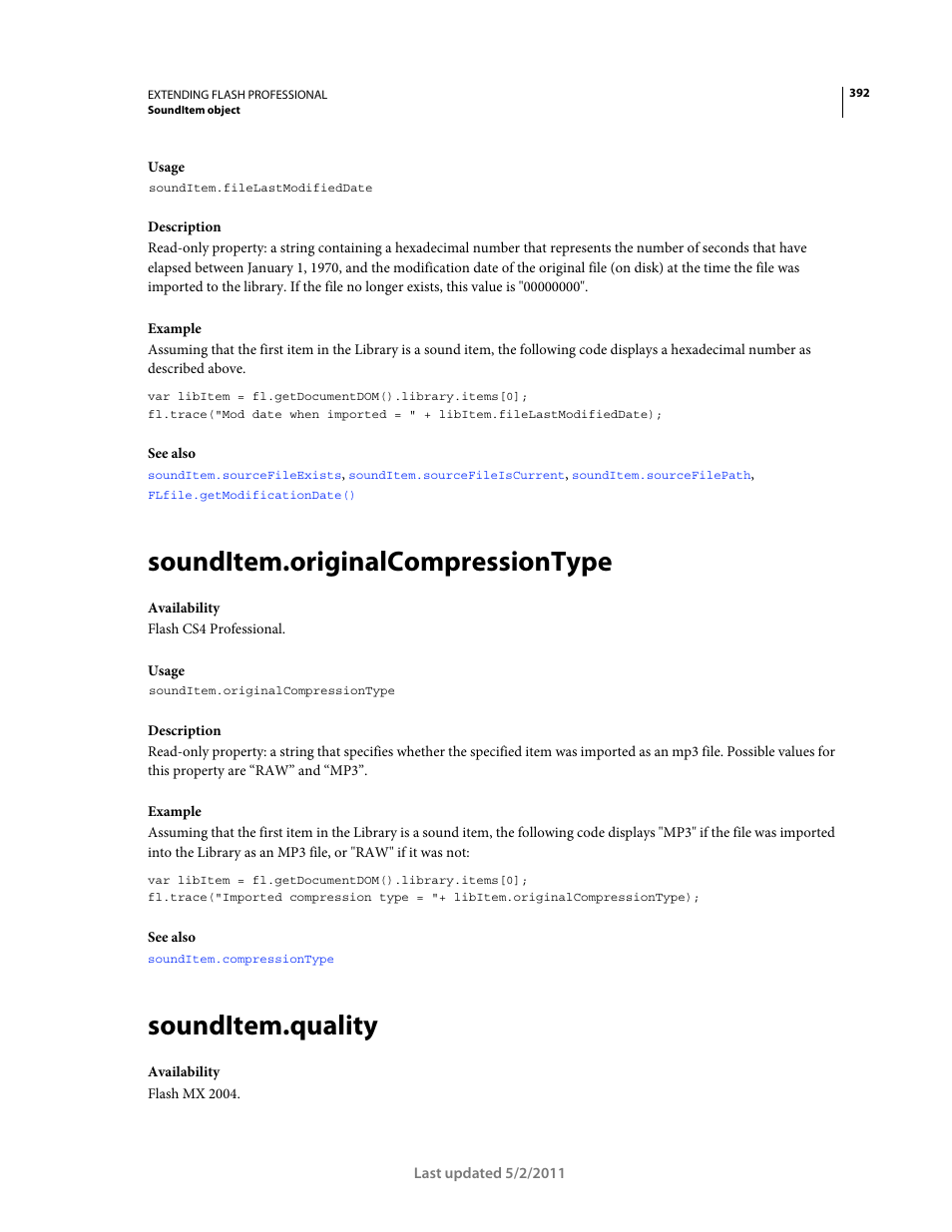 Sounditem.originalcompressiontype, Sounditem.quality | Adobe Extending Flash Professional CS5 User Manual | Page 414 / 565