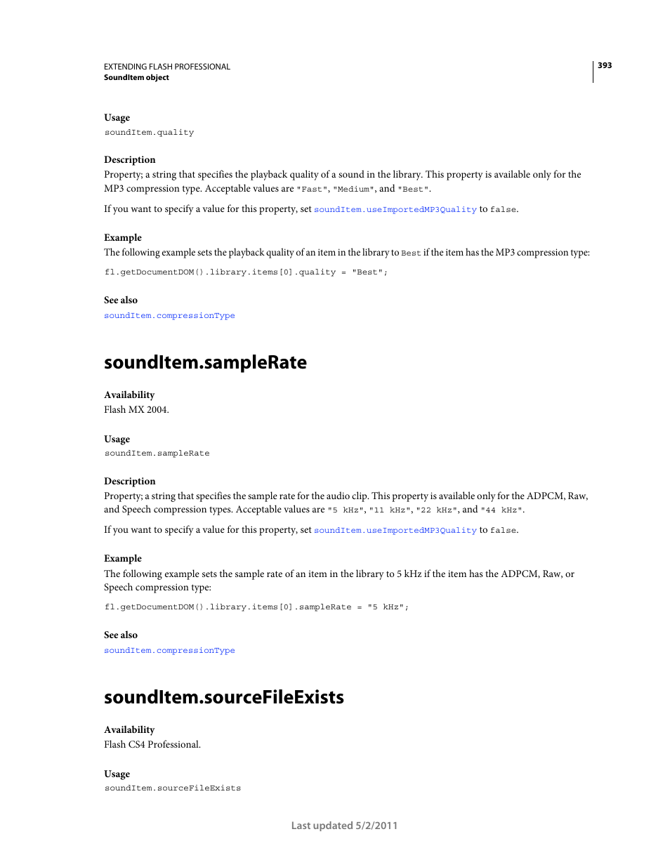 Sounditem.samplerate, Sounditem.sourcefileexists | Adobe Extending Flash Professional CS5 User Manual | Page 415 / 565