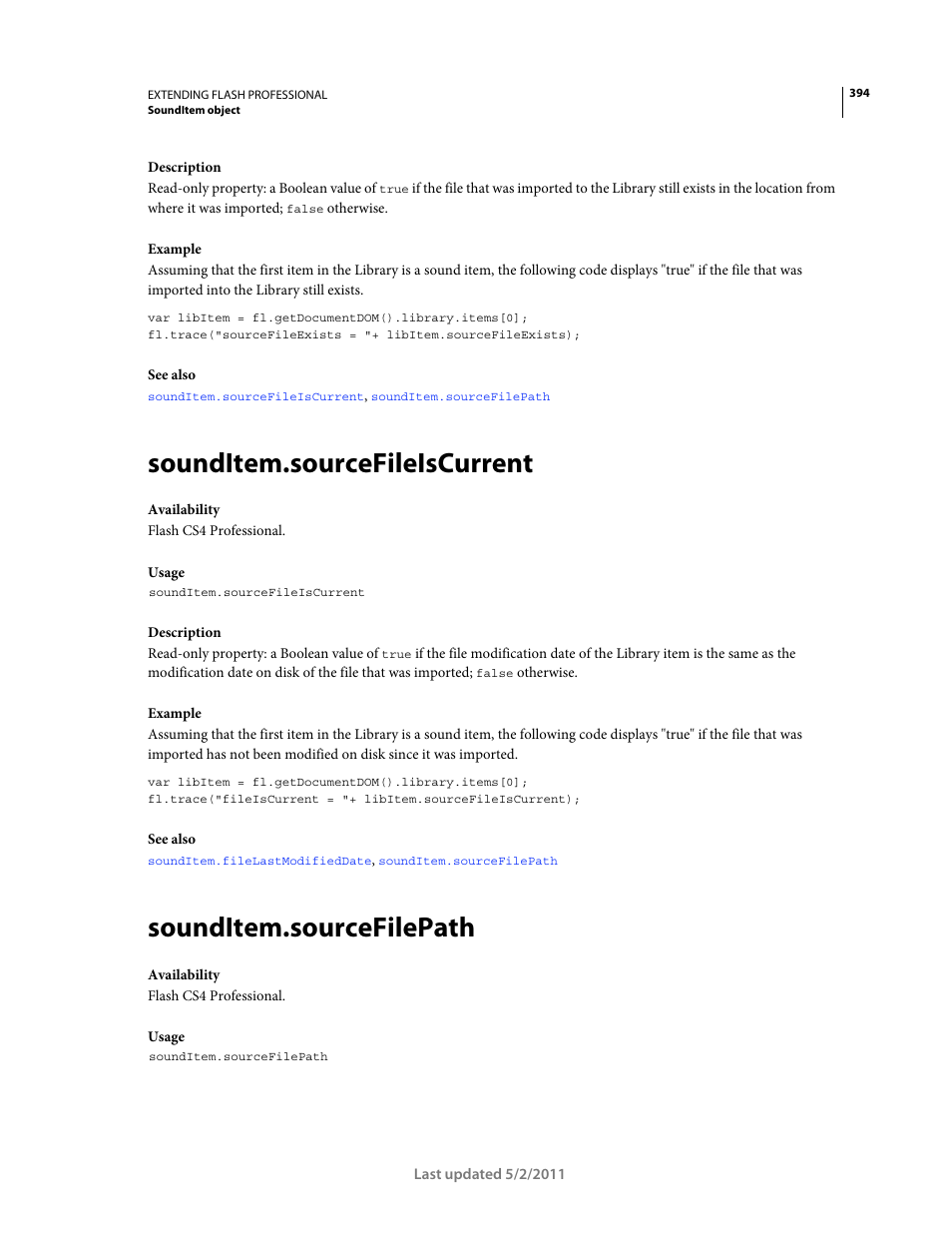 Sounditem.sourcefileiscurrent, Sounditem.sourcefilepath | Adobe Extending Flash Professional CS5 User Manual | Page 416 / 565