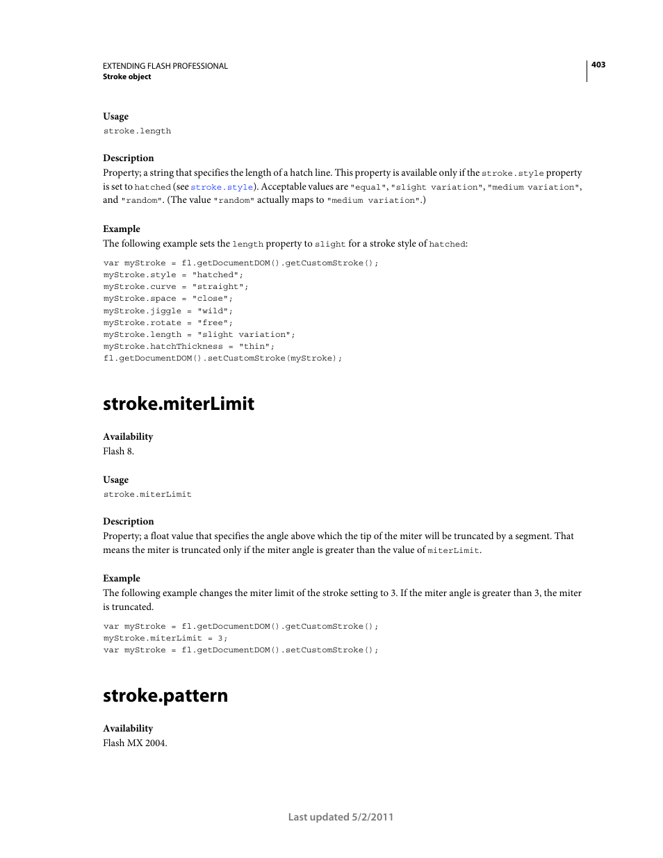 Stroke.miterlimit, Stroke.pattern | Adobe Extending Flash Professional CS5 User Manual | Page 425 / 565