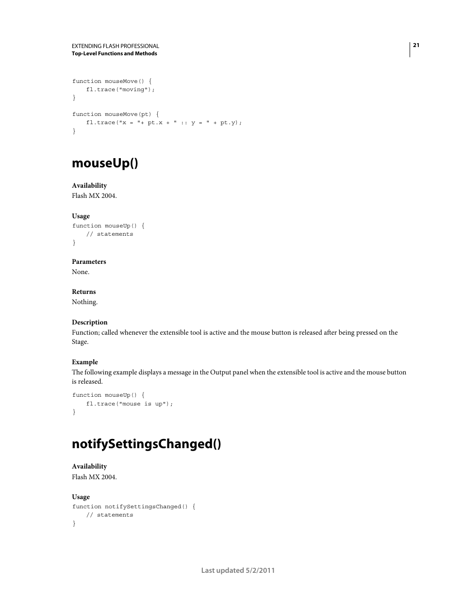 Mouseup(), Notifysettingschanged() | Adobe Extending Flash Professional CS5 User Manual | Page 43 / 565