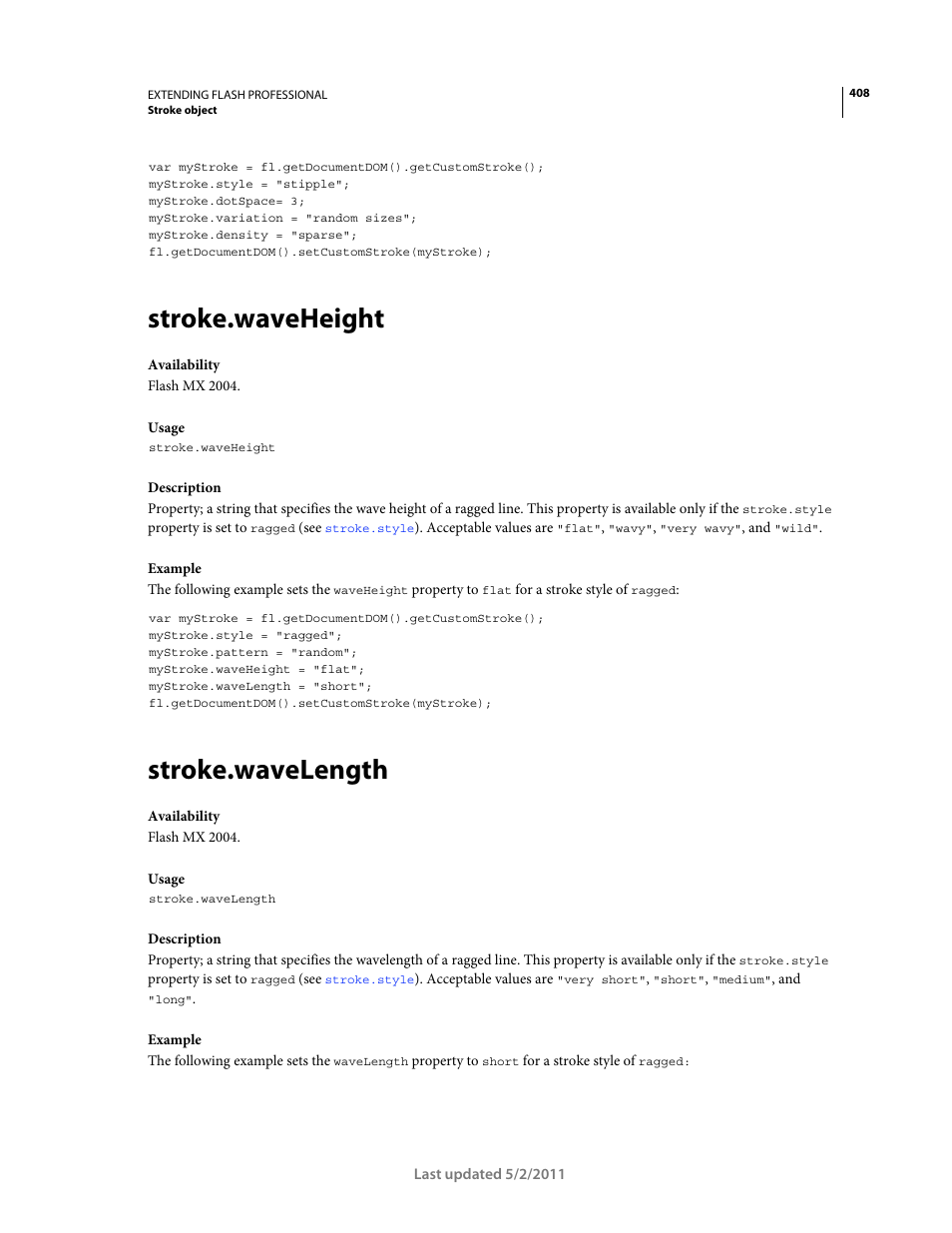 Stroke.waveheight, Stroke.wavelength | Adobe Extending Flash Professional CS5 User Manual | Page 430 / 565