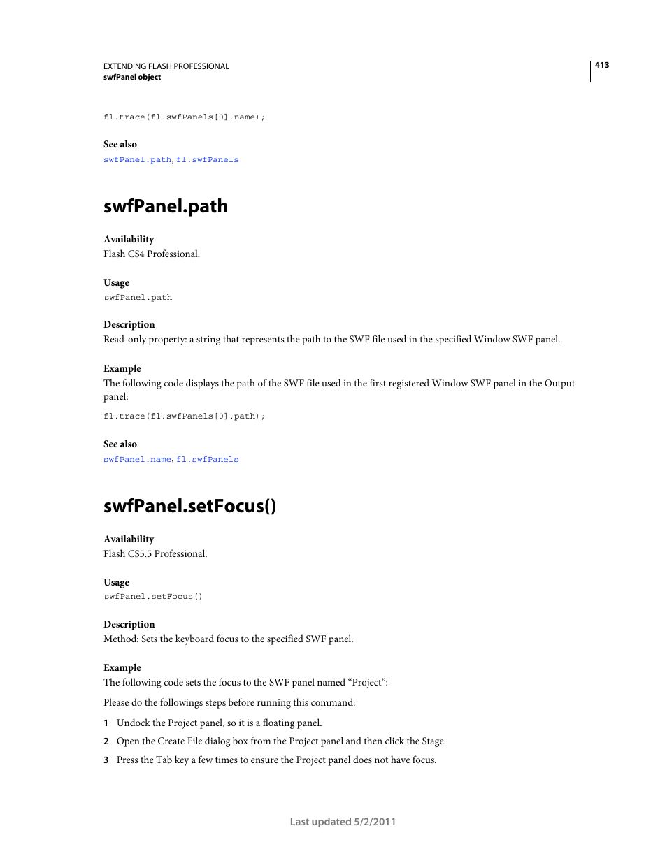 Swfpanel.path, Swfpanel.setfocus() | Adobe Extending Flash Professional CS5 User Manual | Page 435 / 565