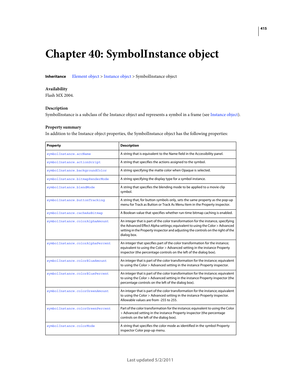 Chapter 40: symbolinstance object, Symbolinstance object, Componentinstance object | In addition to all the properties of the | Adobe Extending Flash Professional CS5 User Manual | Page 437 / 565