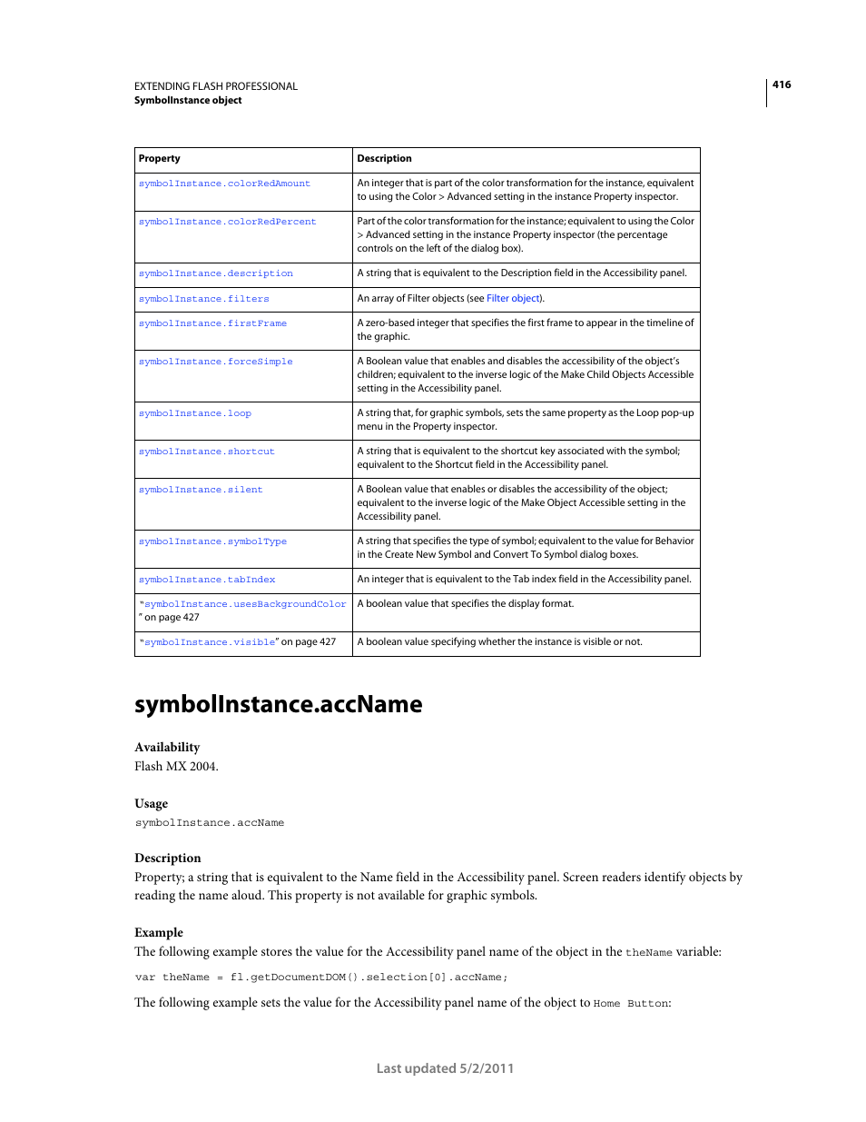 Symbolinstance.accname | Adobe Extending Flash Professional CS5 User Manual | Page 438 / 565