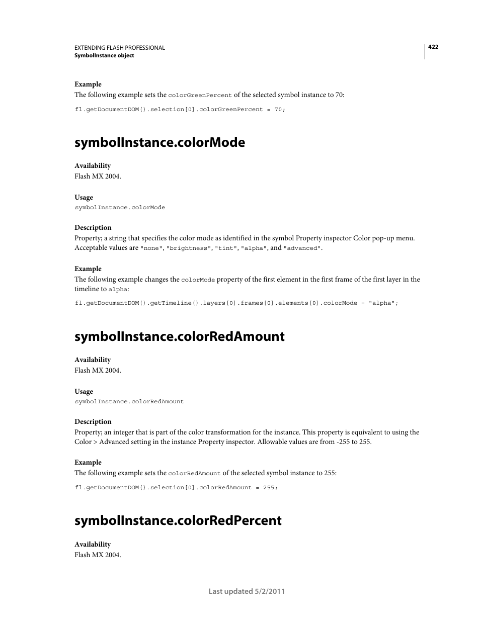 Symbolinstance.colormode, Symbolinstance.colorredamount, Symbolinstance.colorredpercent | Adobe Extending Flash Professional CS5 User Manual | Page 444 / 565