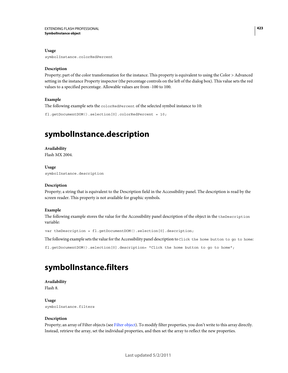 Symbolinstance.description, Symbolinstance.filters | Adobe Extending Flash Professional CS5 User Manual | Page 445 / 565