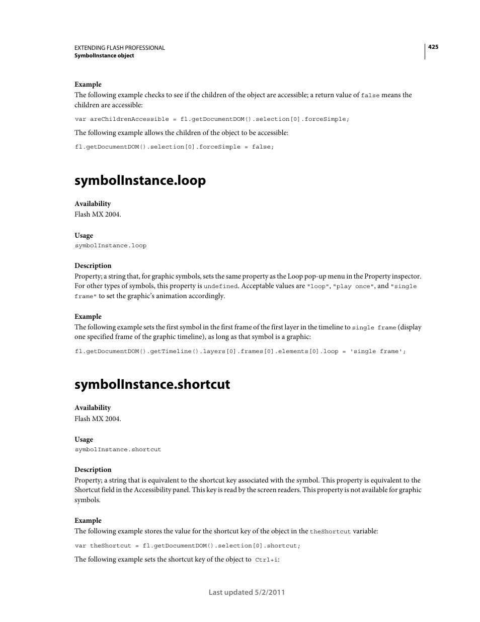 Symbolinstance.loop, Symbolinstance.shortcut | Adobe Extending Flash Professional CS5 User Manual | Page 447 / 565