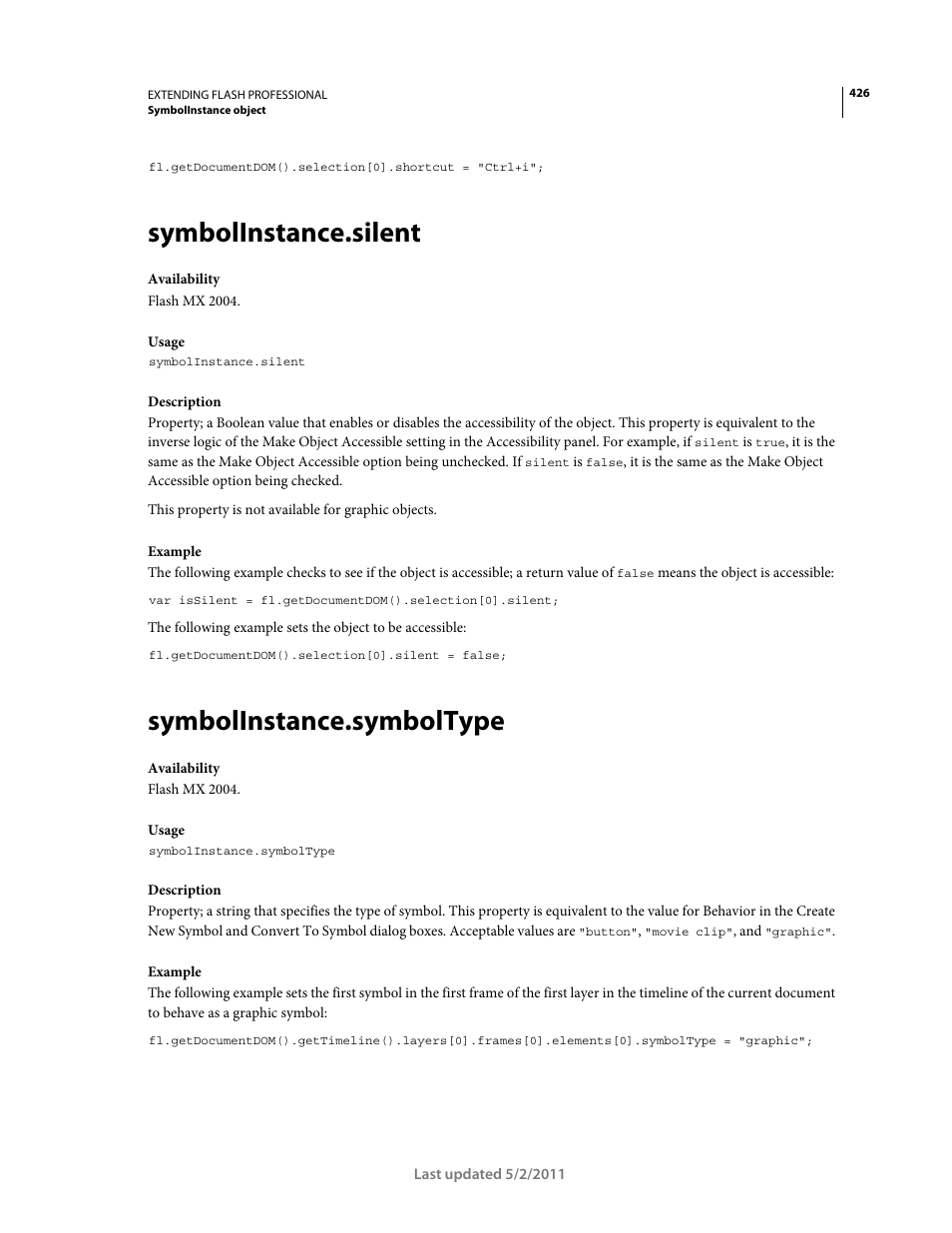 Symbolinstance.silent, Symbolinstance.symboltype | Adobe Extending Flash Professional CS5 User Manual | Page 448 / 565