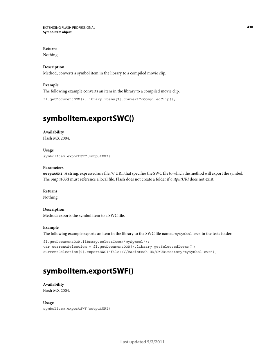 Symbolitem.exportswc(), Symbolitem.exportswf() | Adobe Extending Flash Professional CS5 User Manual | Page 452 / 565