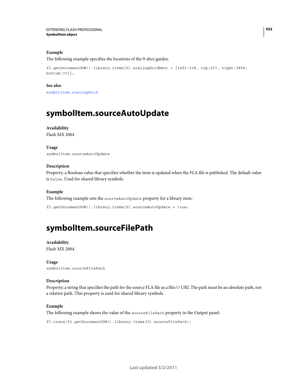 Symbolitem.sourceautoupdate, Symbolitem.sourcefilepath | Adobe Extending Flash Professional CS5 User Manual | Page 454 / 565