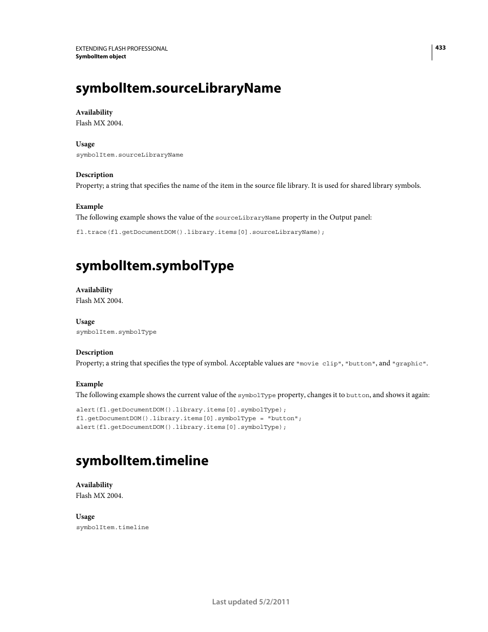 Symbolitem.sourcelibraryname, Symbolitem.symboltype, Symbolitem.timeline | Adobe Extending Flash Professional CS5 User Manual | Page 455 / 565