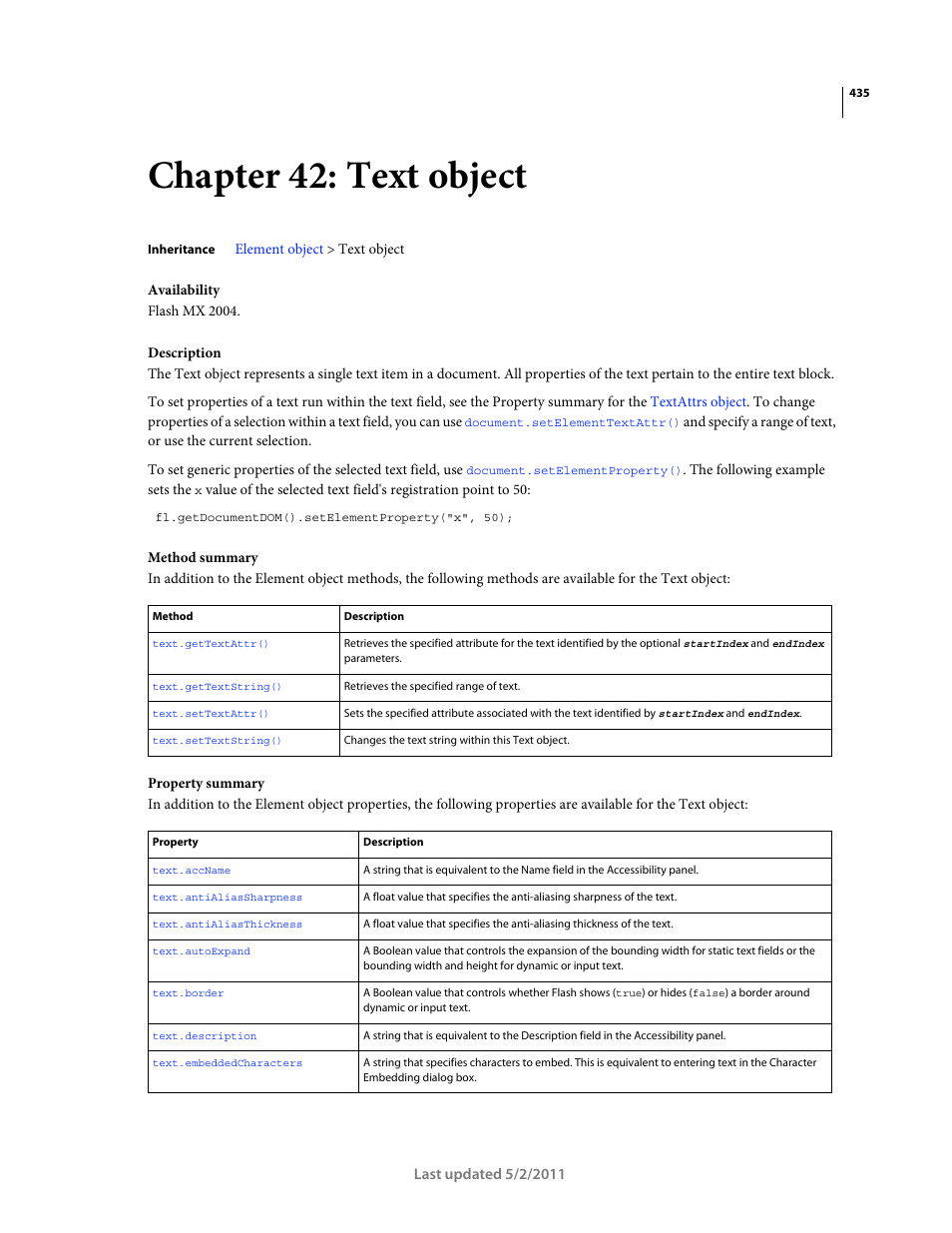 Chapter 42: text object | Adobe Extending Flash Professional CS5 User Manual | Page 457 / 565