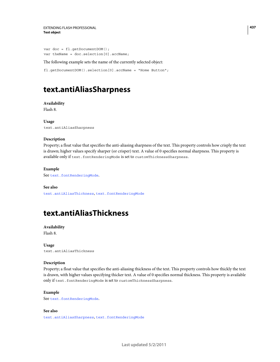 Text.antialiassharpness, Text.antialiasthickness | Adobe Extending Flash Professional CS5 User Manual | Page 459 / 565