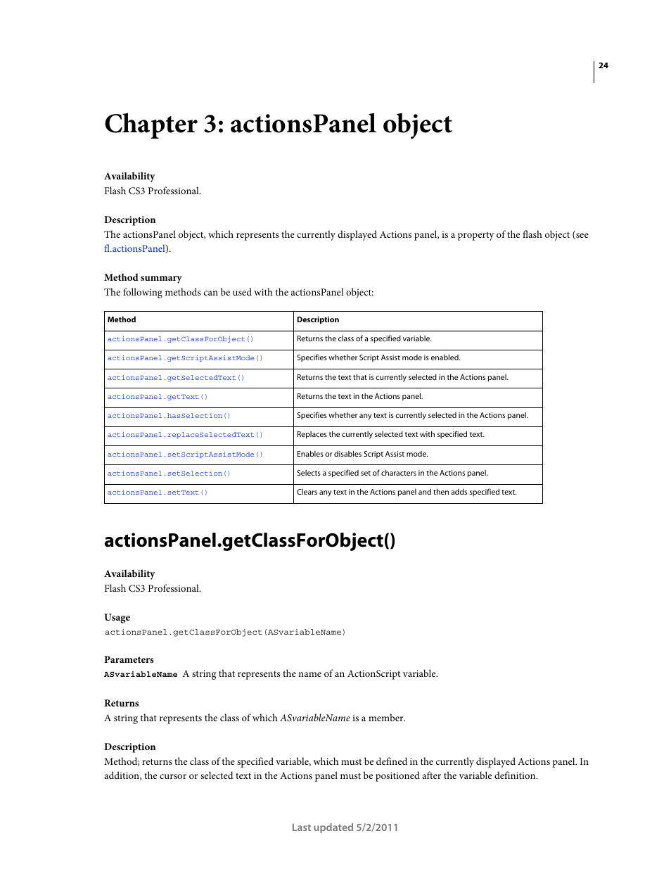 Chapter 3: actionspanel object, Actionspanel.getclassforobject() | Adobe Extending Flash Professional CS5 User Manual | Page 46 / 565