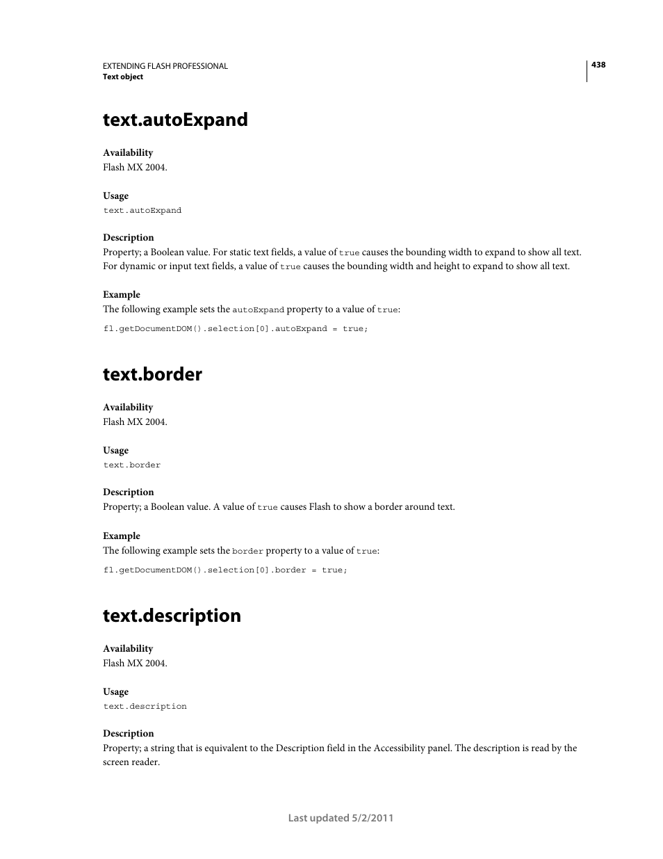 Text.autoexpand, Text.border, Text.description | Adobe Extending Flash Professional CS5 User Manual | Page 460 / 565