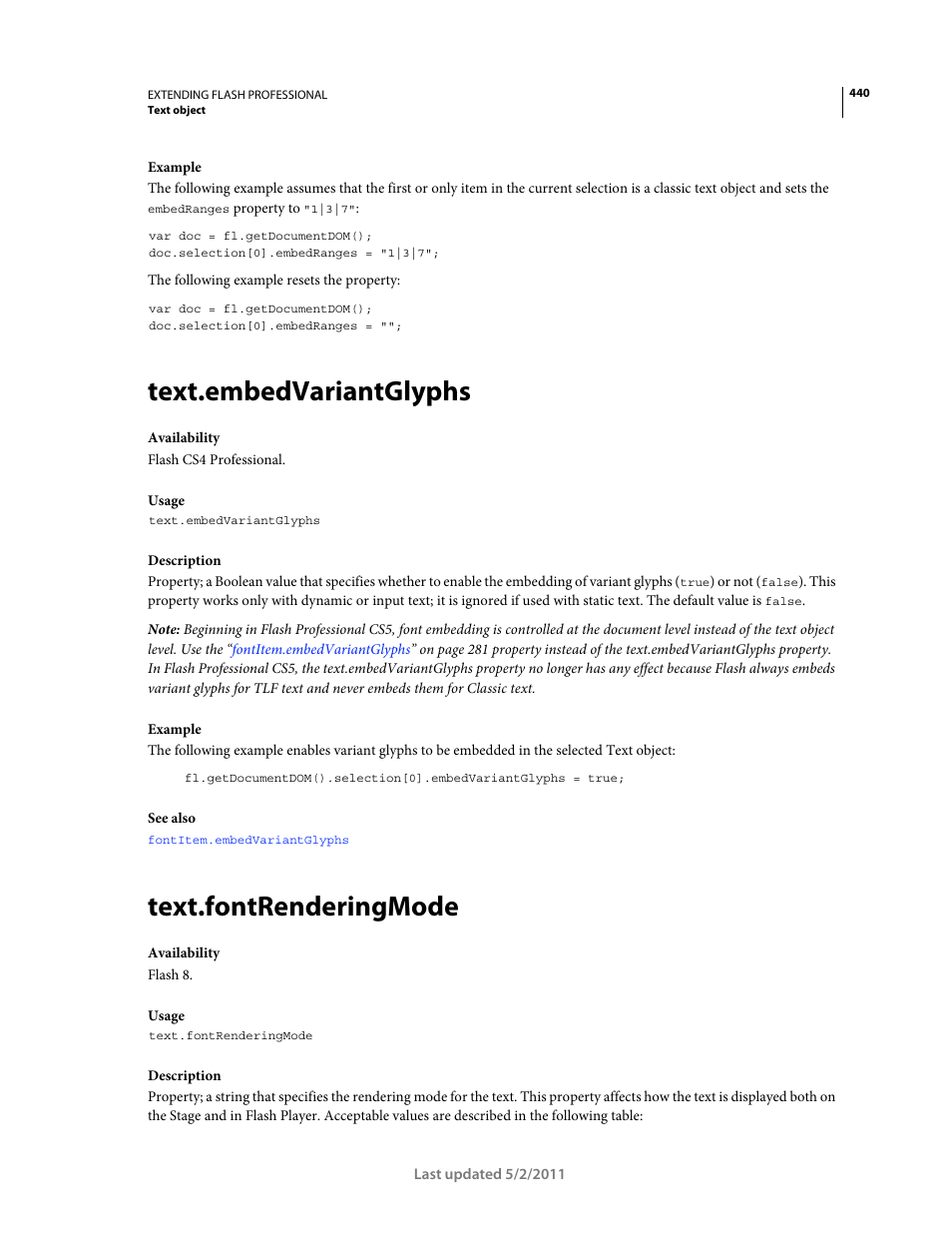 Text.embedvariantglyphs, Text.fontrenderingmode | Adobe Extending Flash Professional CS5 User Manual | Page 462 / 565