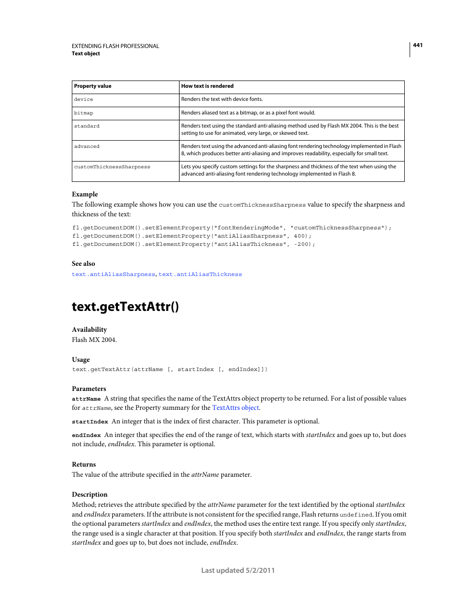 Text.gettextattr() | Adobe Extending Flash Professional CS5 User Manual | Page 463 / 565