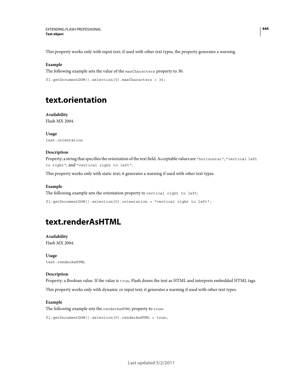 Text.orientation, Text.renderashtml | Adobe Extending Flash Professional CS5 User Manual | Page 466 / 565